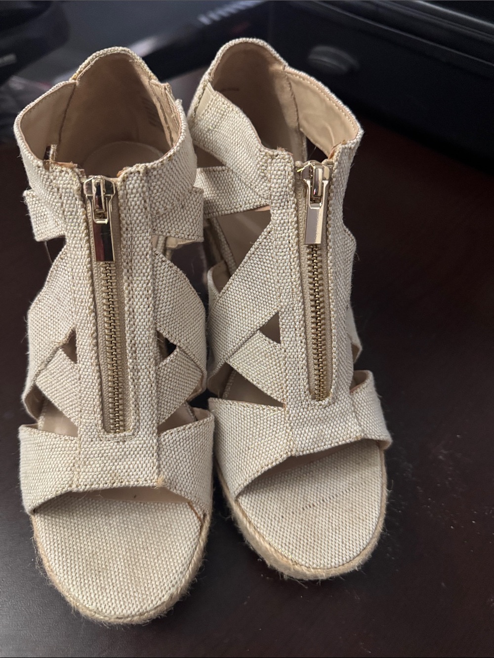 Neutral Canvas Zip-Front Wedge Sandals - Women